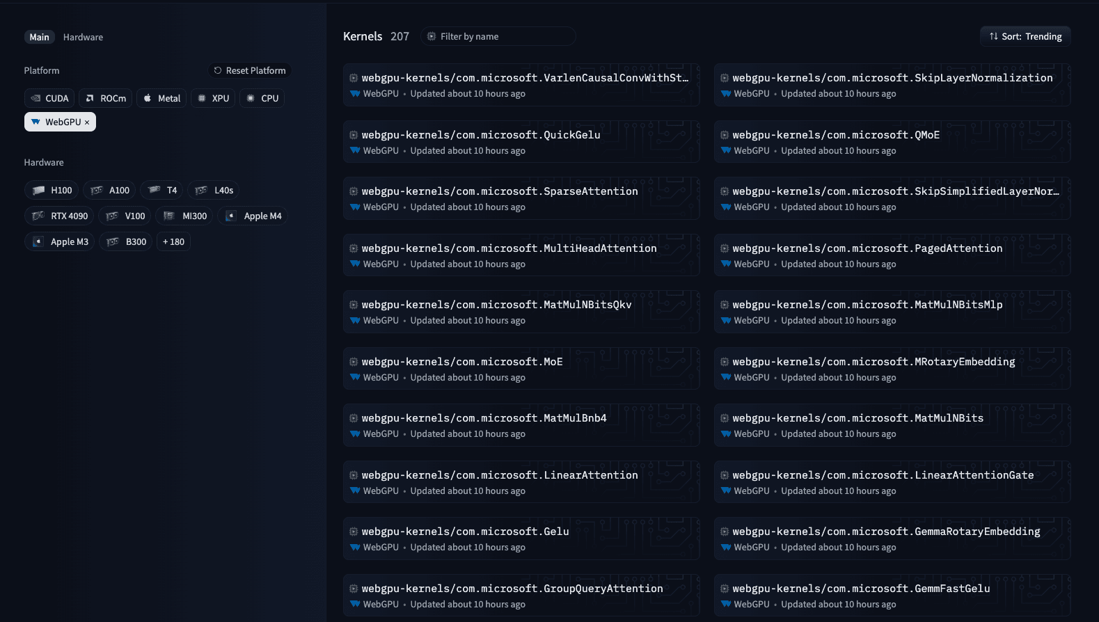 The Hub Kernels page filtered to the WebGPU platform, listing the 207 published kernels