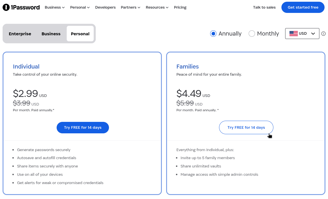the pricing page for 1password that shows discounted pricing for the individual and families subscription options