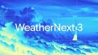 Text "WeatherNext3" over a blue and yellow saturated image of clouds