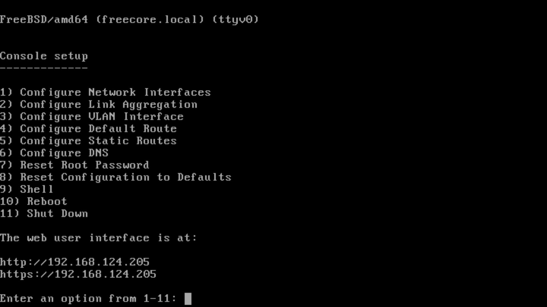 the terminal interface of freecore is shown here with a list of options to configure and control the system