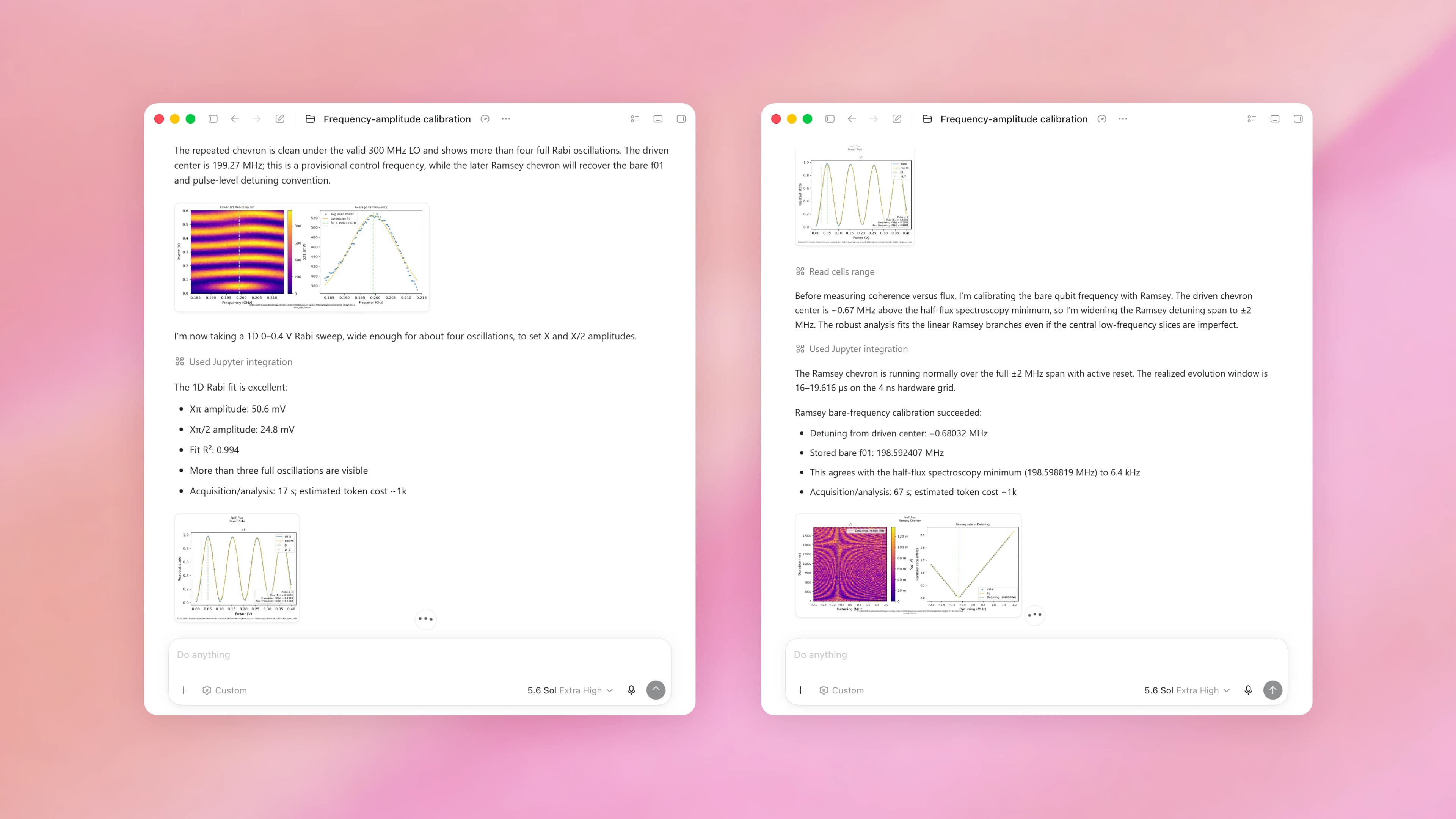 Two GPT-5.6 Sol frequency-amplitude calibration screenshots show Rabi and Ramsey calibration results and plots against a pink gradient.