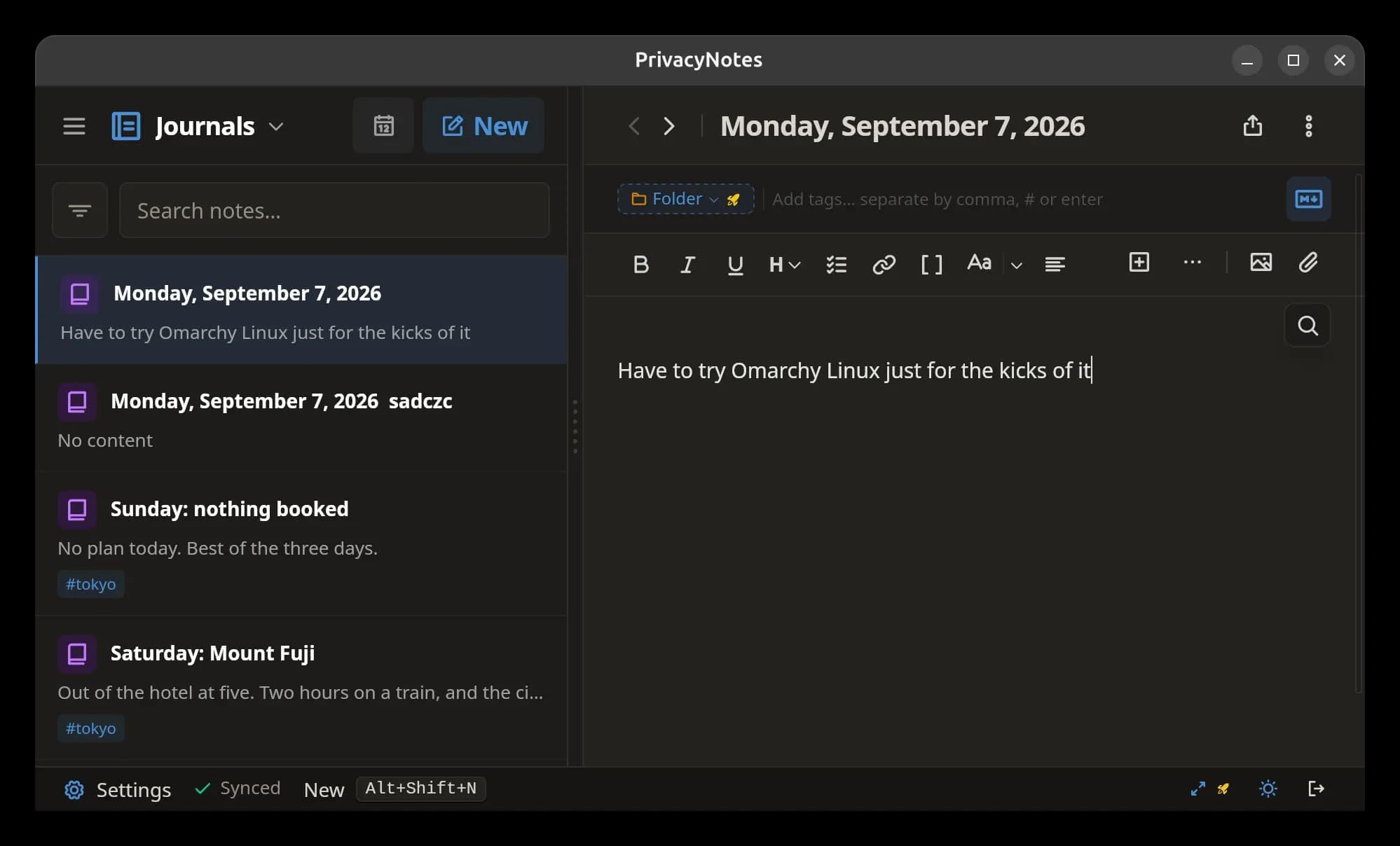 Privacy Notes Journal feature