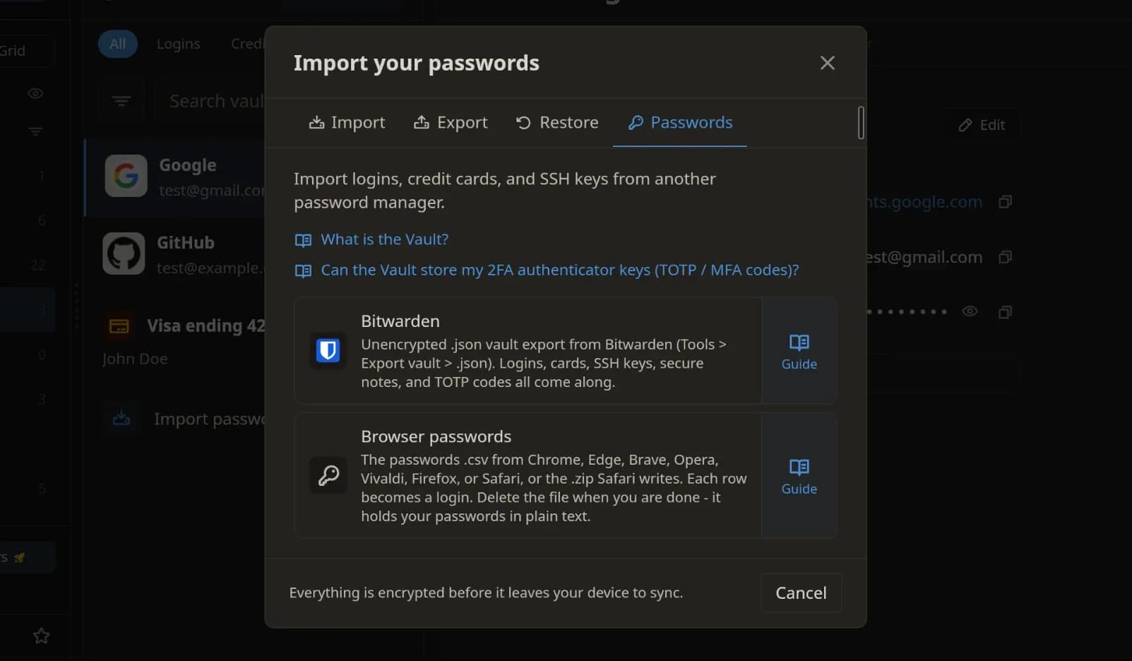Import passwords in Privacy Notes