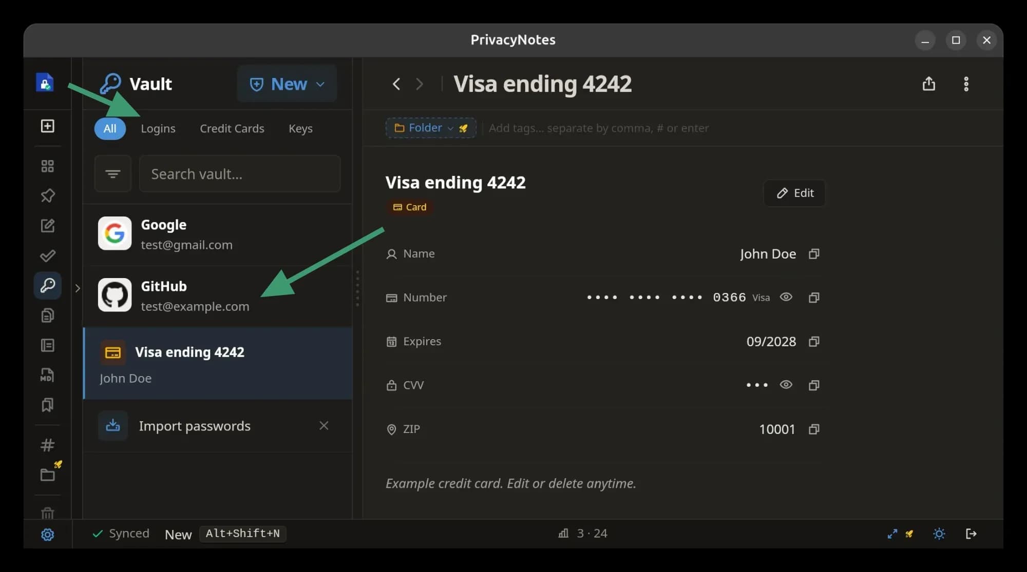 Vault feature in Privacy Notes