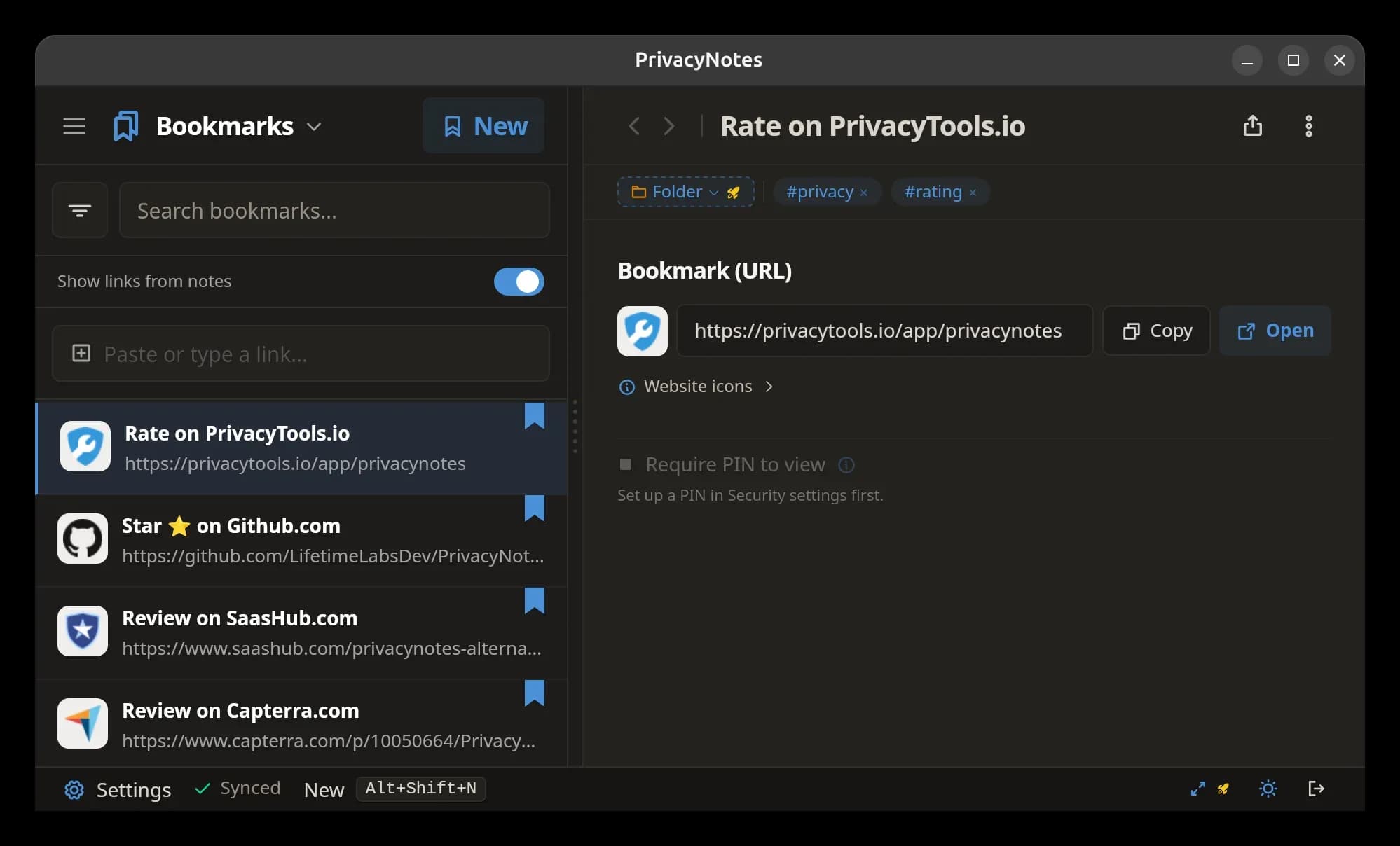 PrivacyNotes also has bookmarks