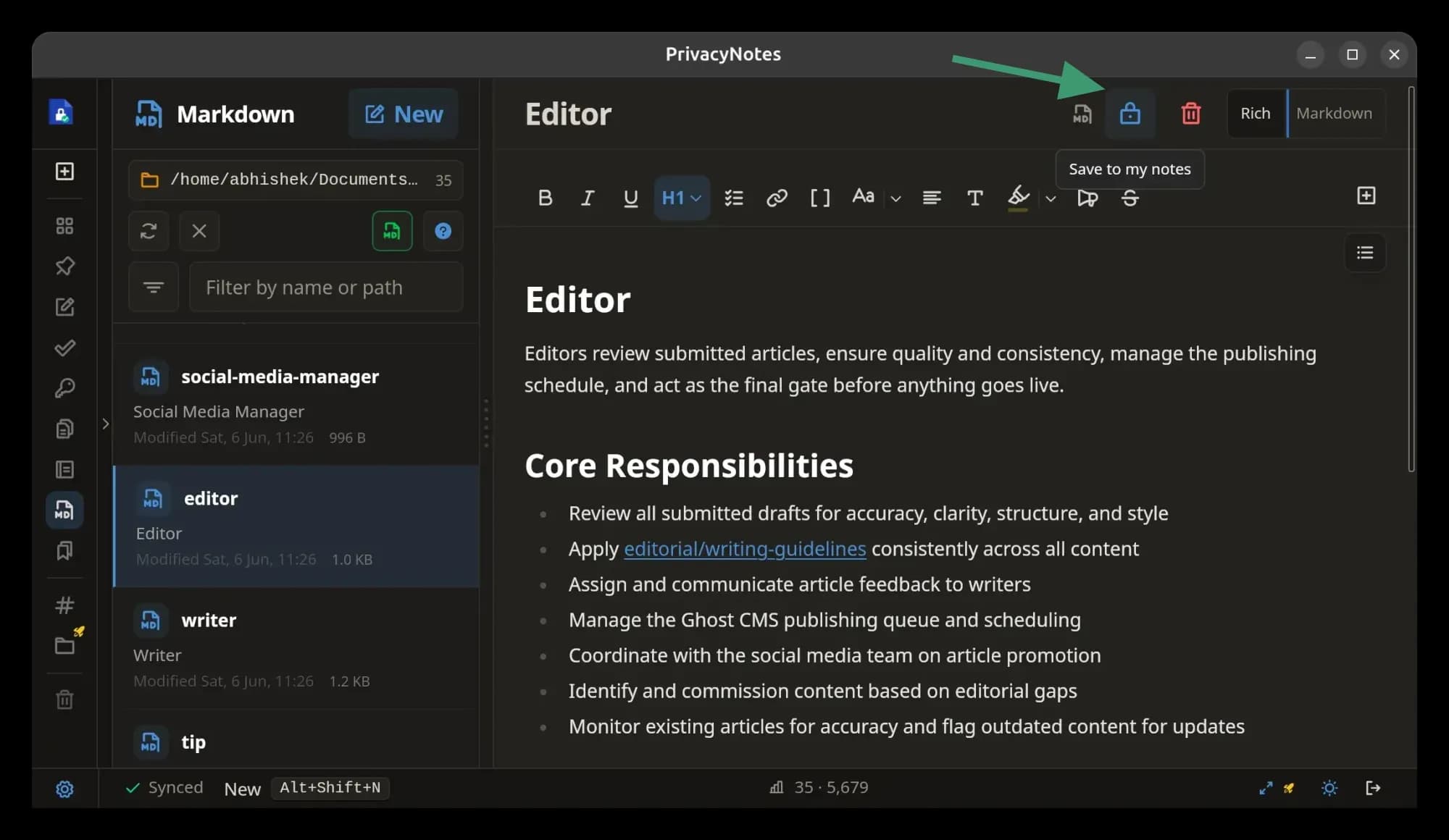 Local markdown files can be added to remote encrypted storage