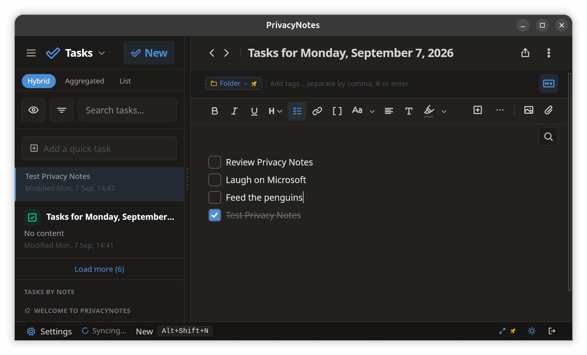 Privacy Notes also has tasks