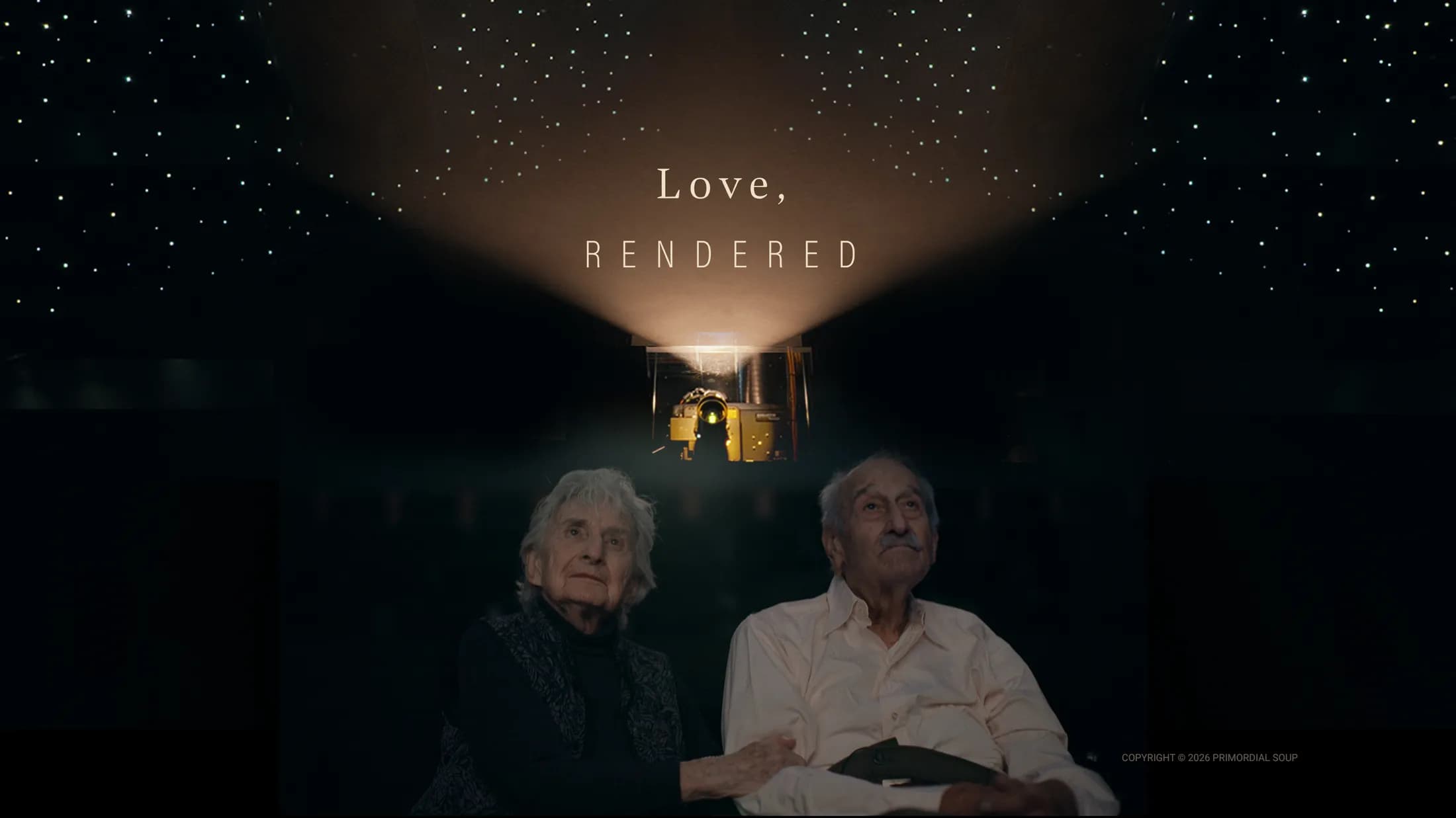 An elderly couple sitting in a movie theater. Overlayed are "Teulluride Film Festival" and "Love, Rendered"