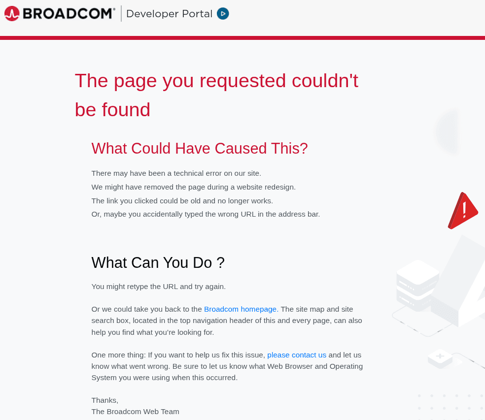 a page not found error for the vddk landing page on broadcom's developer portal