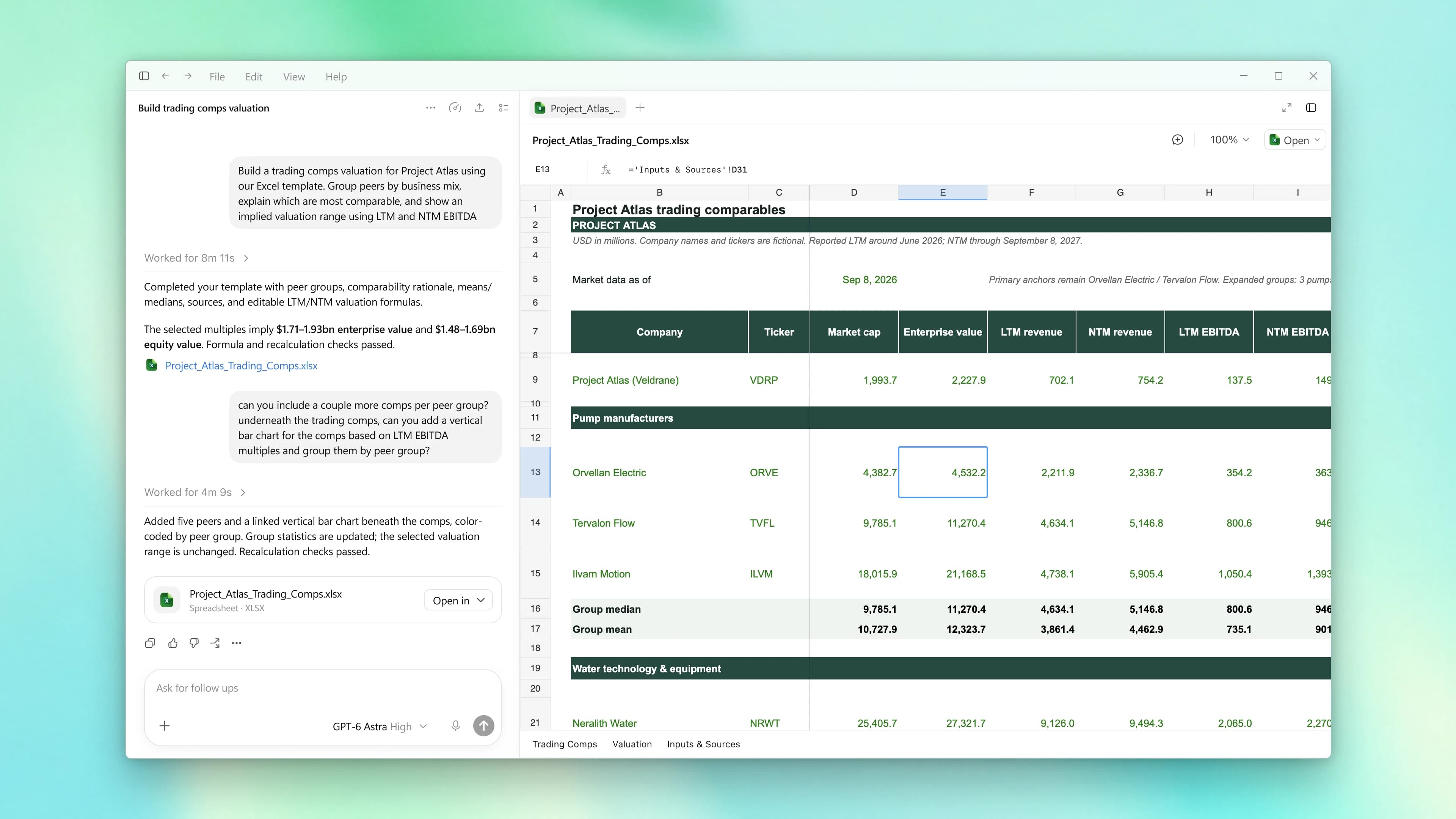 Product screen showing a value analysis workflow in ChatGPT for Financial Services.