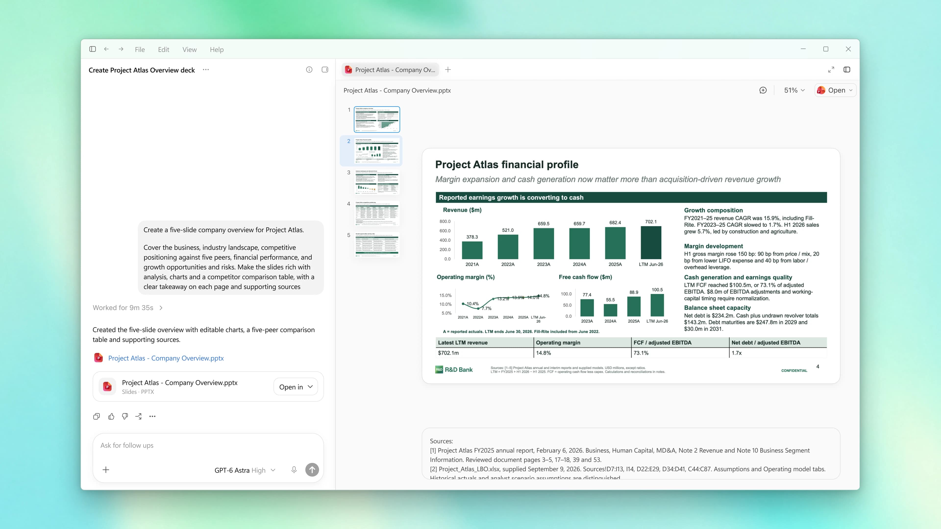 Product screen showing pitchbook preparation in ChatGPT for Financial Services.