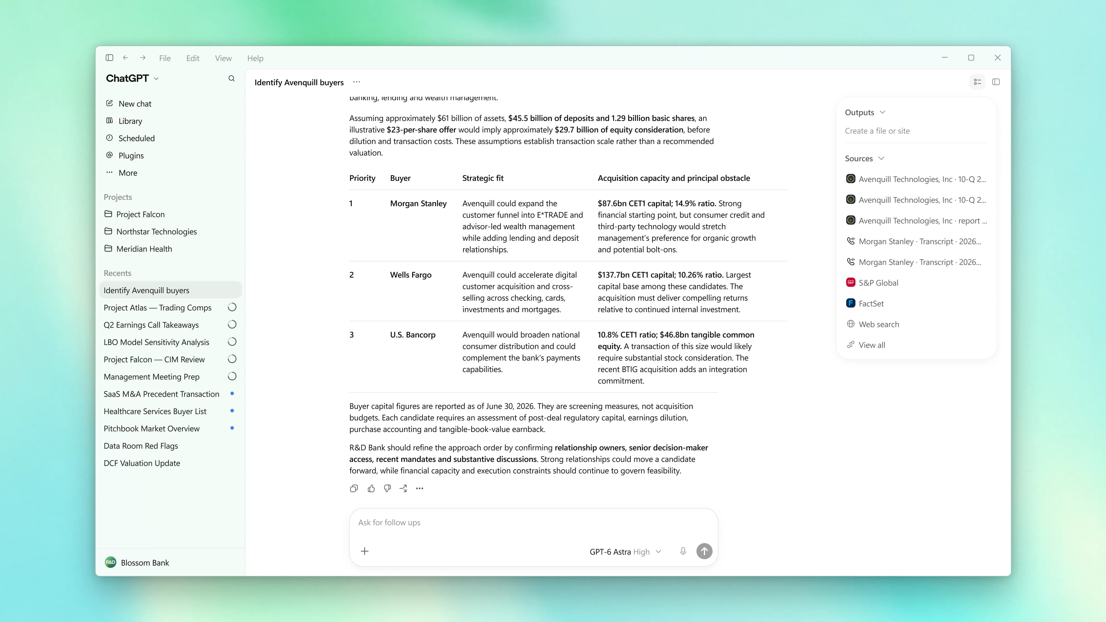 Product screen showing buyer screening in ChatGPT for Financial Services.