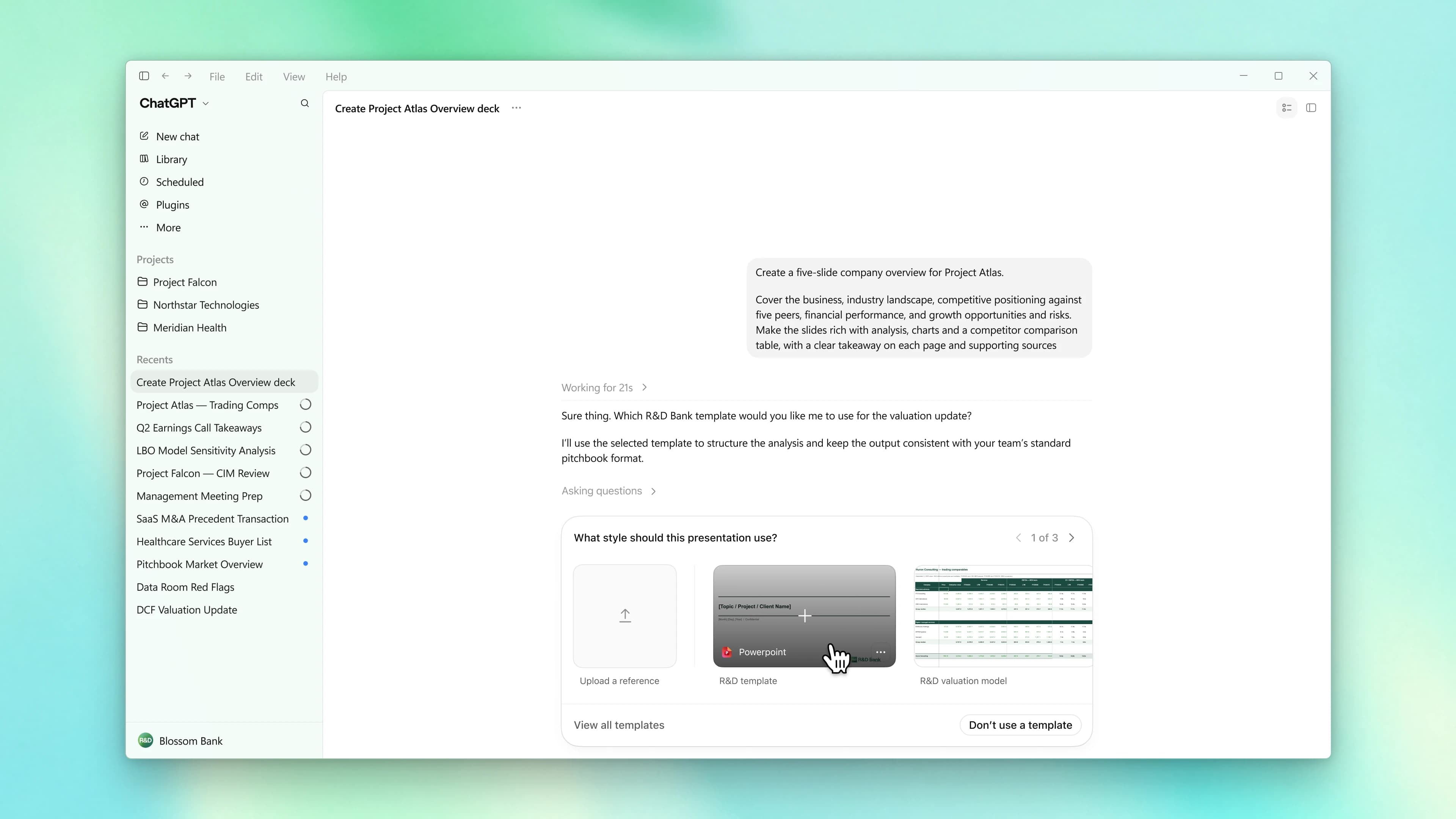 Product screen showing ChatGPT using a firm-approved template to create a company overview deck.