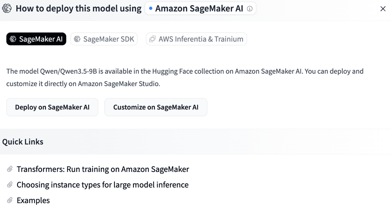 Hugging Face model page showing the Customize on SageMaker AI button for a supported model