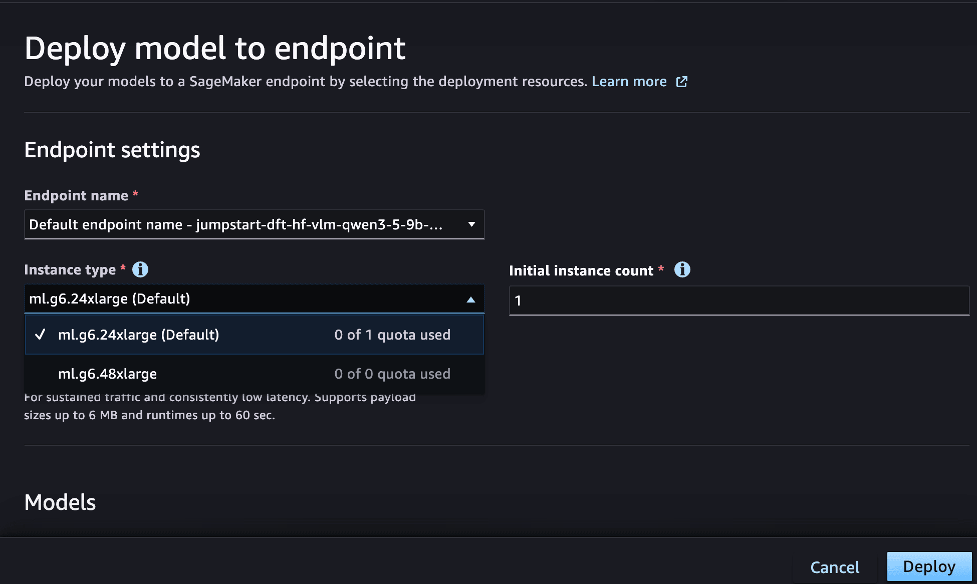 SageMaker Studio endpoint deployment page with the model pre-configured and instance type selection showing quota visibility