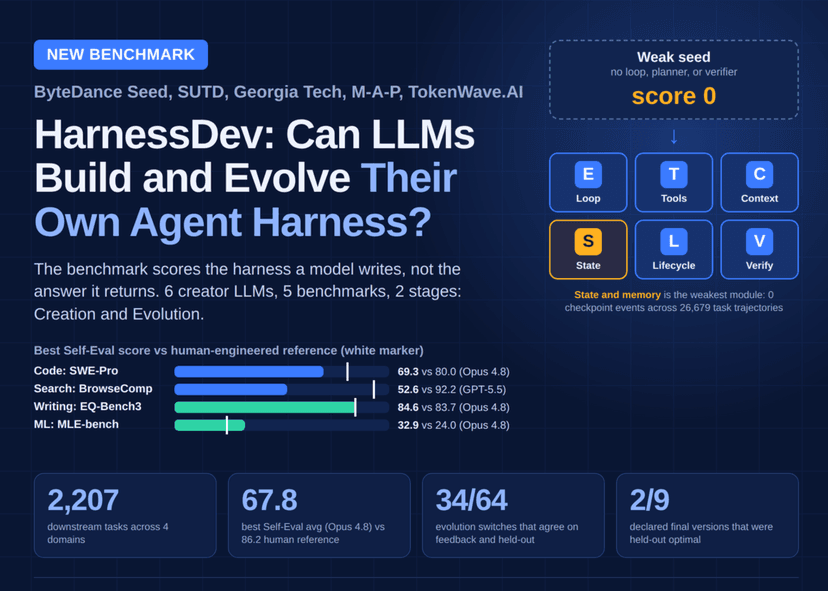 HarnessDev เผยศักยภาพ LLM ในการออกแบบ Agent Harness: พัฒนาเองได้ดีเทียบเท่ามนุษย์ในบางด้าน แต่ผลลัพธ์ยังไม่เสถียร