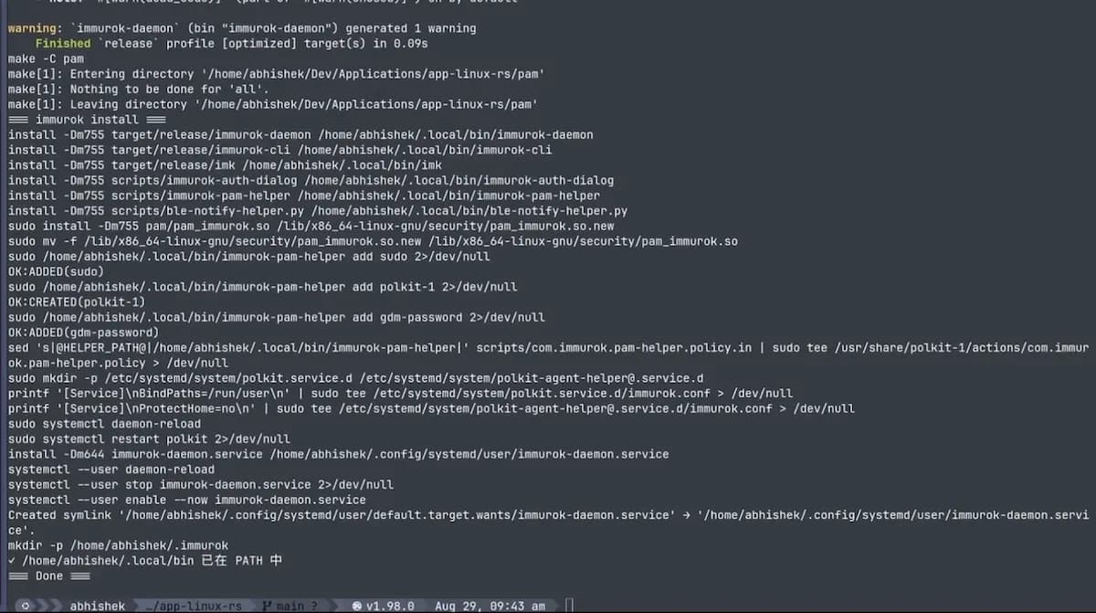Immurok Linux app installed