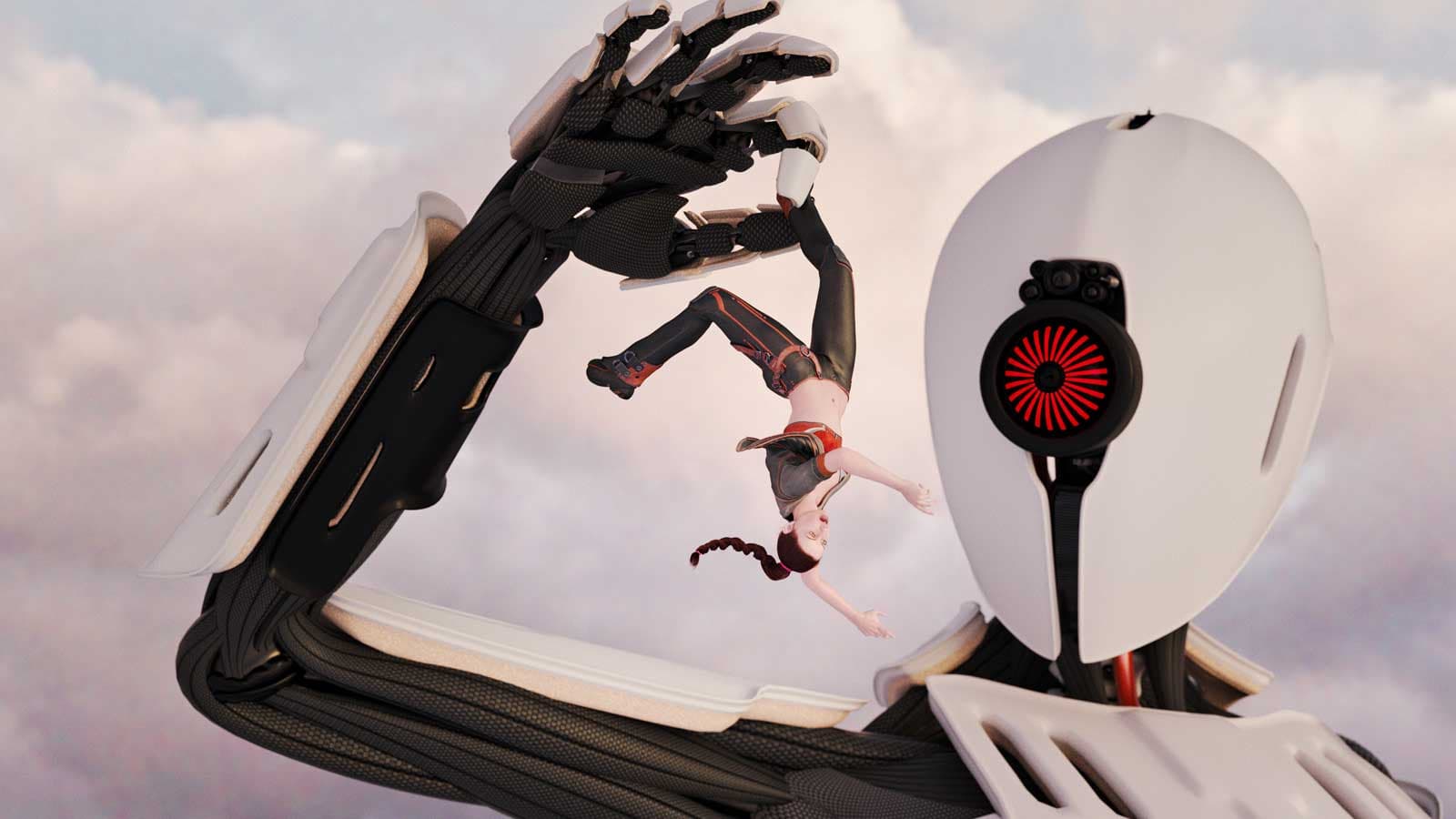 Robot holding woman up.