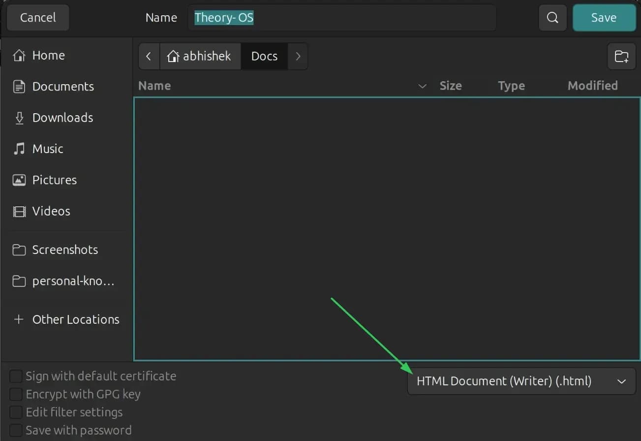 Saving doc file as HTML in LibreOffice