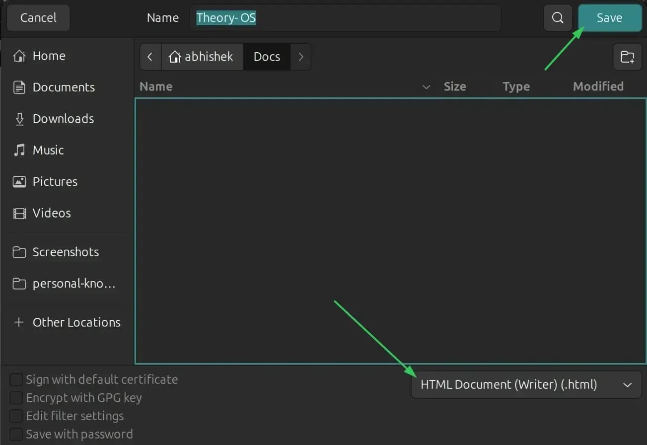 Saving doc file as HTML in LibreOffice