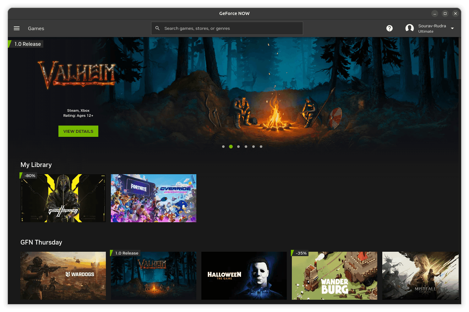 geforce now linux build showing many game listings inside its interface