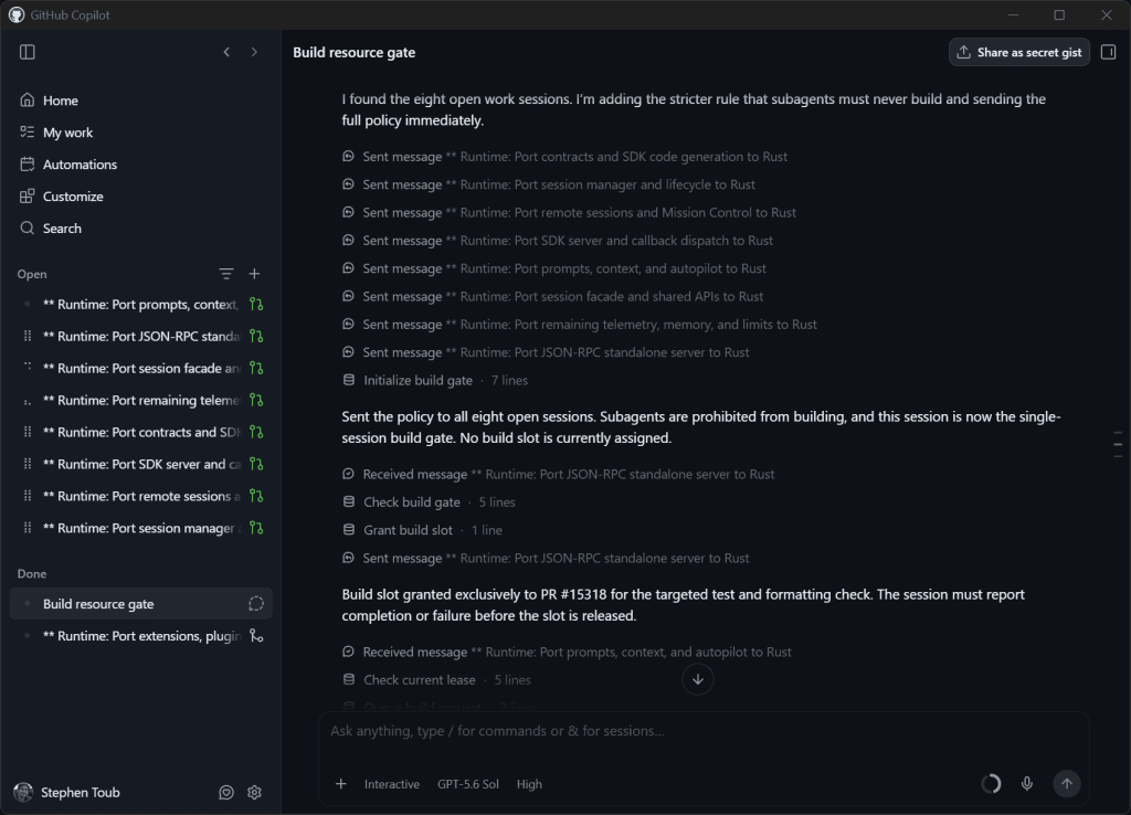 One chat session acting as the build resource gate for eight porting sessions.