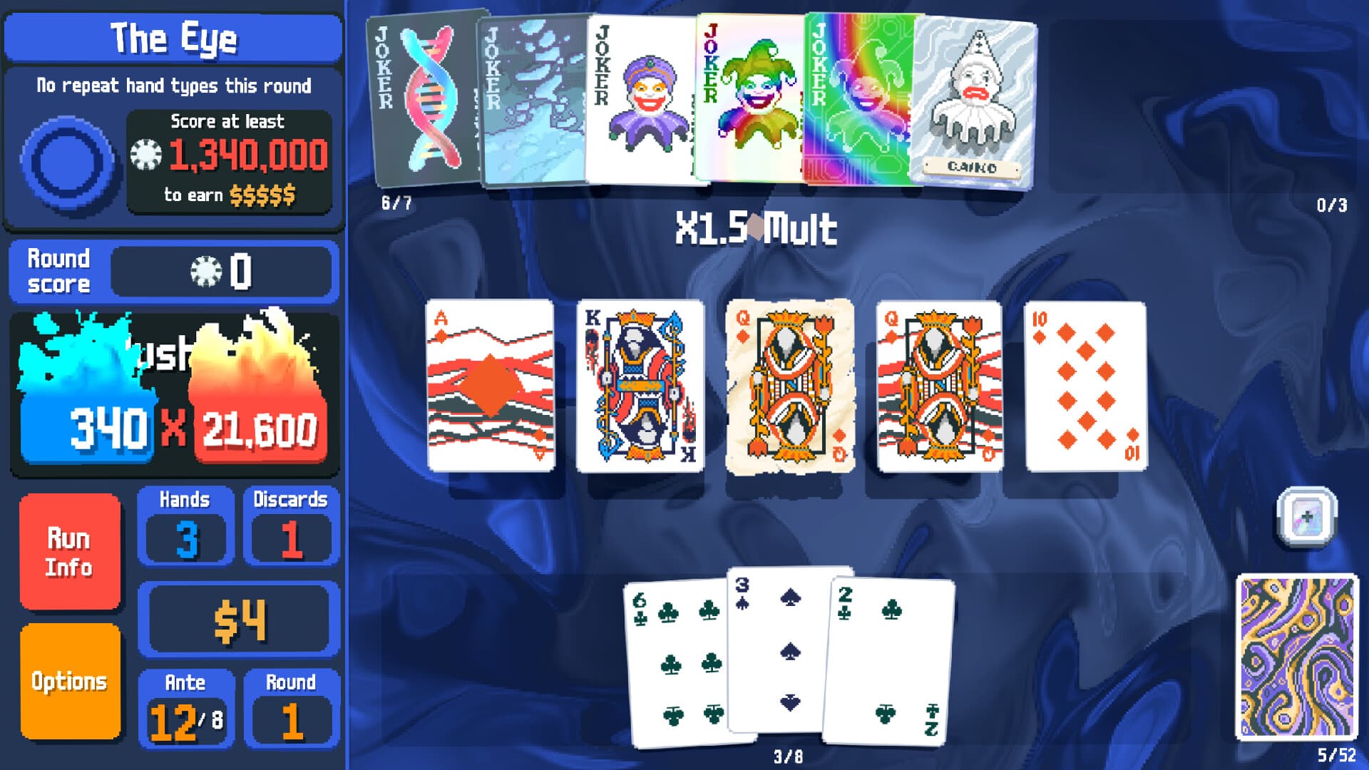 A Balatro game in-progress.