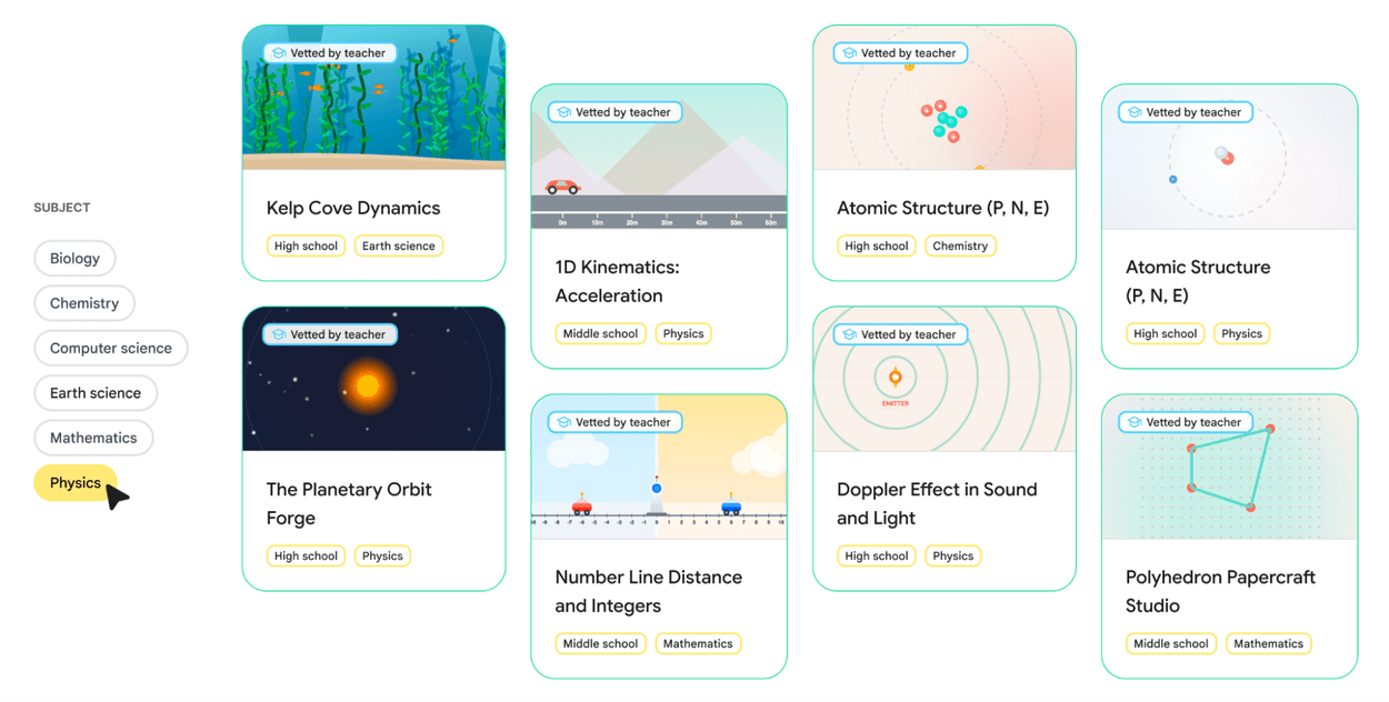 A screenshot of an interactive learning module library interface, showing a sidebar with subjects and a main grid displaying eight vetted educational activity cards.