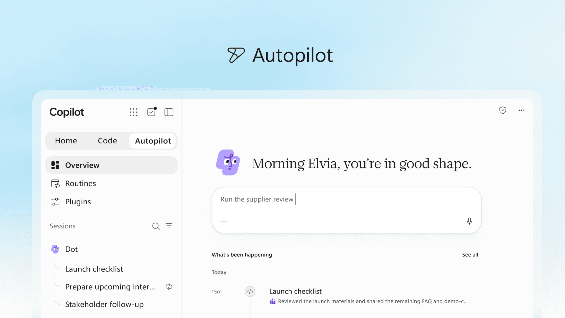 Blue and white image of Copilot screen with Autopilot at the top.