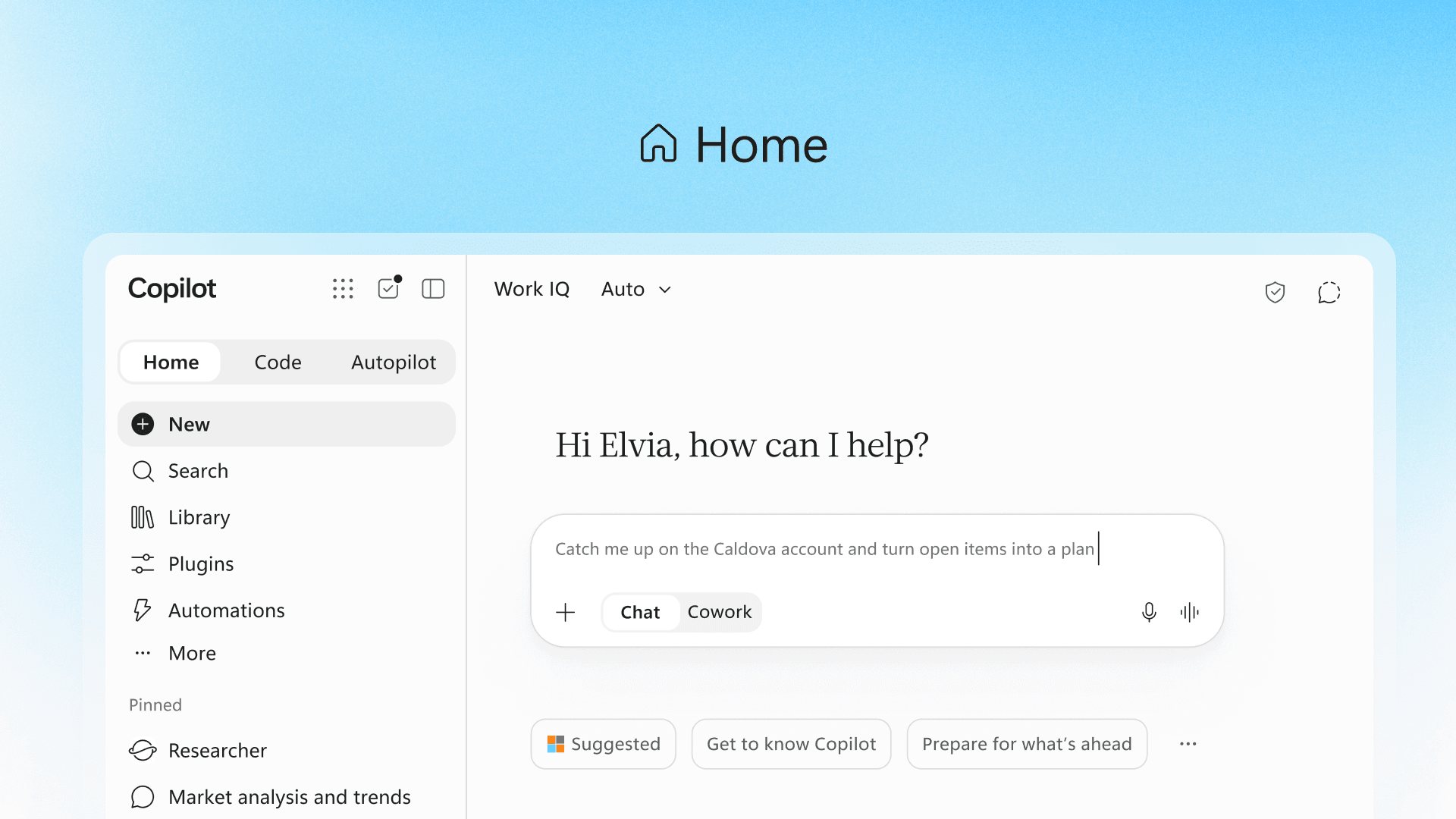Screenshot of new home page on Copilot.