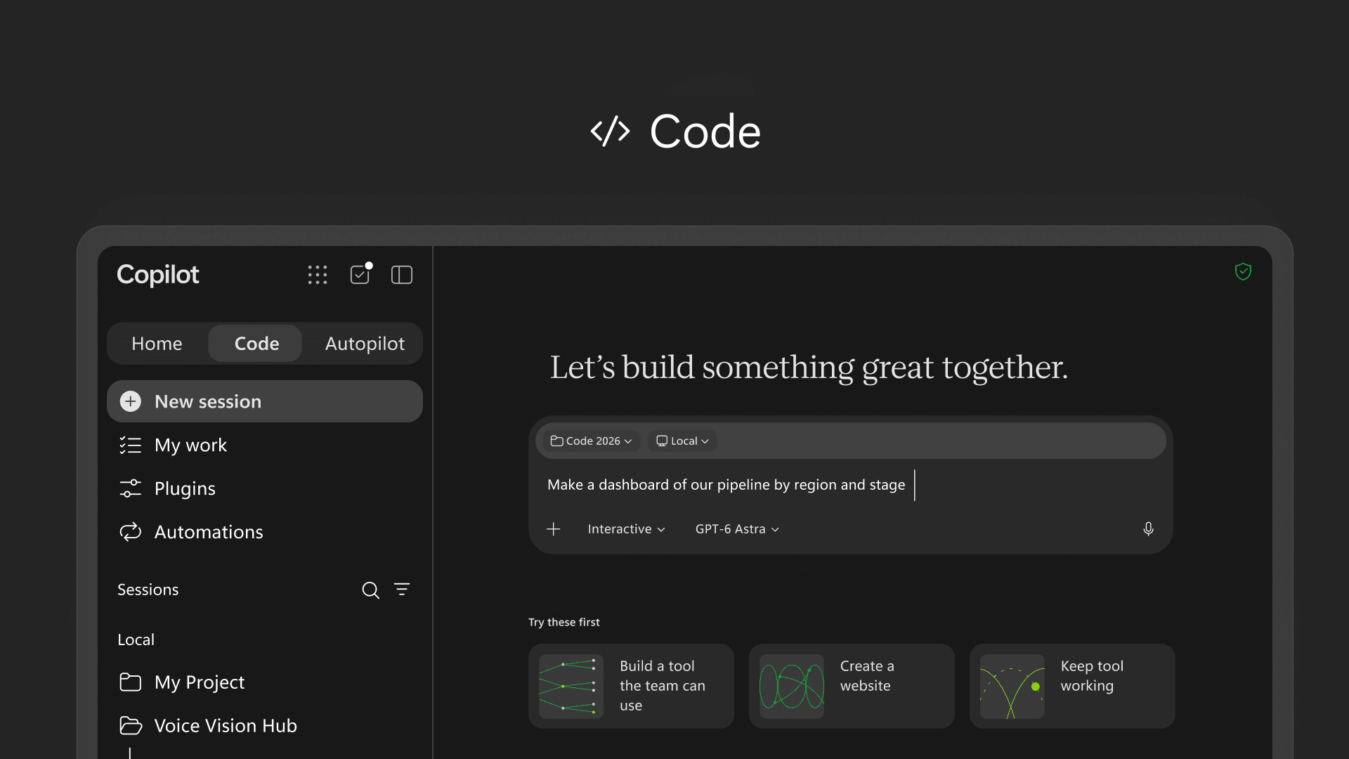 Black image with Code at top showing new feature in Copilot.