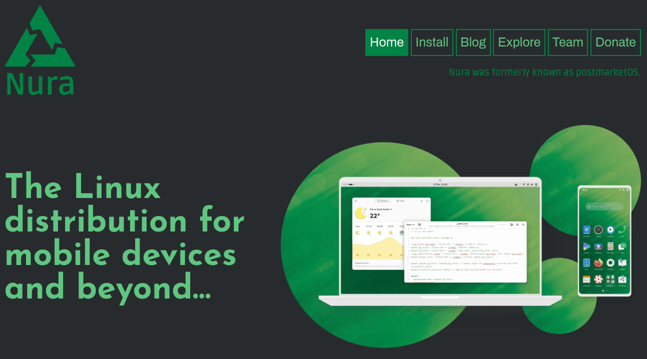 nura homepage showing the new branding for postmarketos