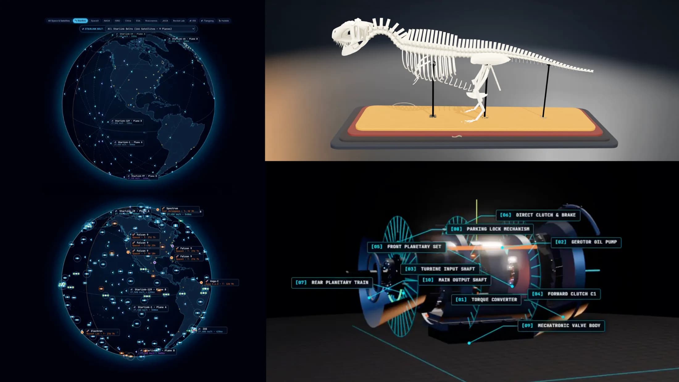 A collage of four digital 3D visualization projects showing two views of globe satellite maps, a dinosaur skeleton model, and an exploded view of a mechanical transmission diagram with labeled components.