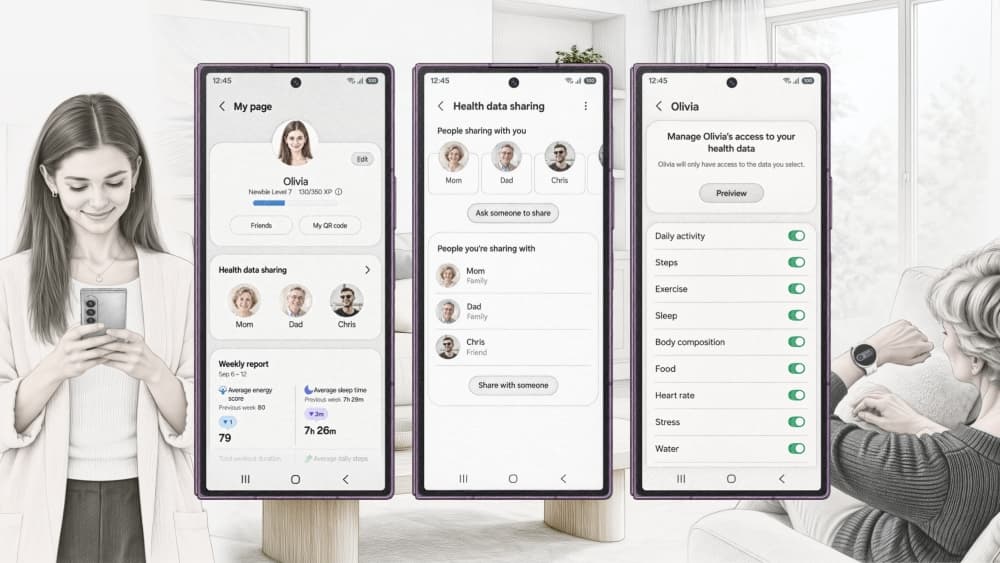 Samsung Health lets users share selected health data with loved ones, helping them stay connected and informed about one another’s wellbeing. (Image simulated for illustrative purposes. Actual UX/UI may differ.)