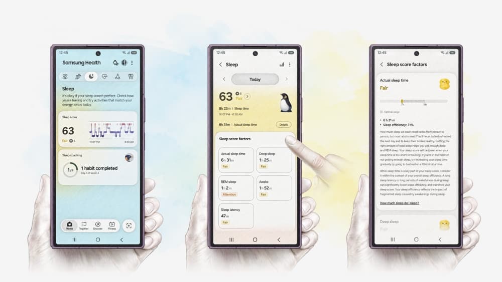 Galaxy Watch and Samsung Health give users a clear view of their sleep quality with detailed metrics and insights they can use to improve their sleep habits. (Image simulated for illustrative purposes. Actual UX/UI may differ.)