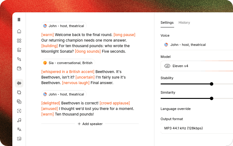 Elevenlabs interface showing a dialogue script for two speakers, with orange-highlighted tags like warm, long pause, Gong sounds, and nervous laugh in the text, along with settings for voice, model Eleven v4, stability, and similarity.