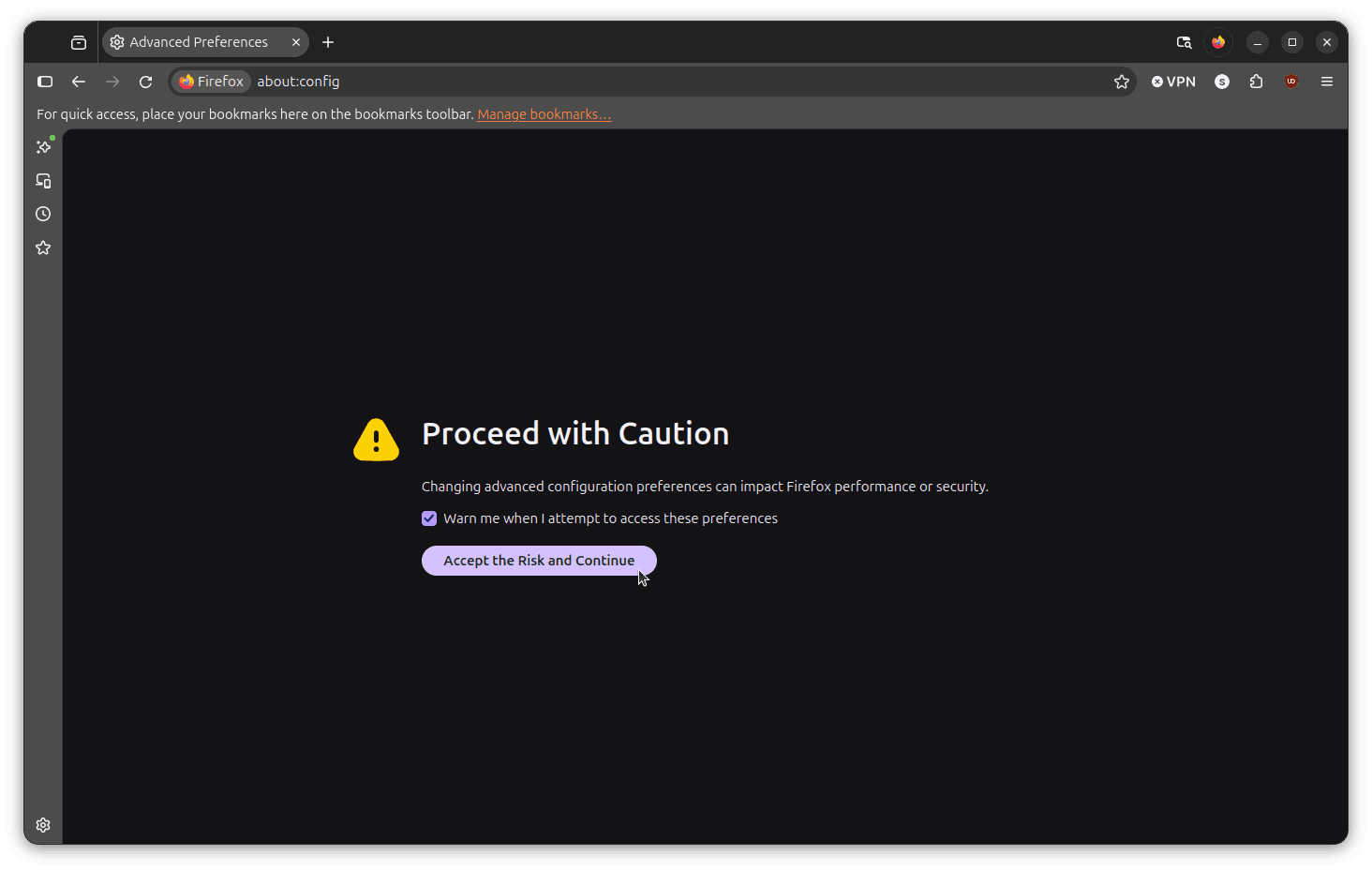 firefox nova about:config page