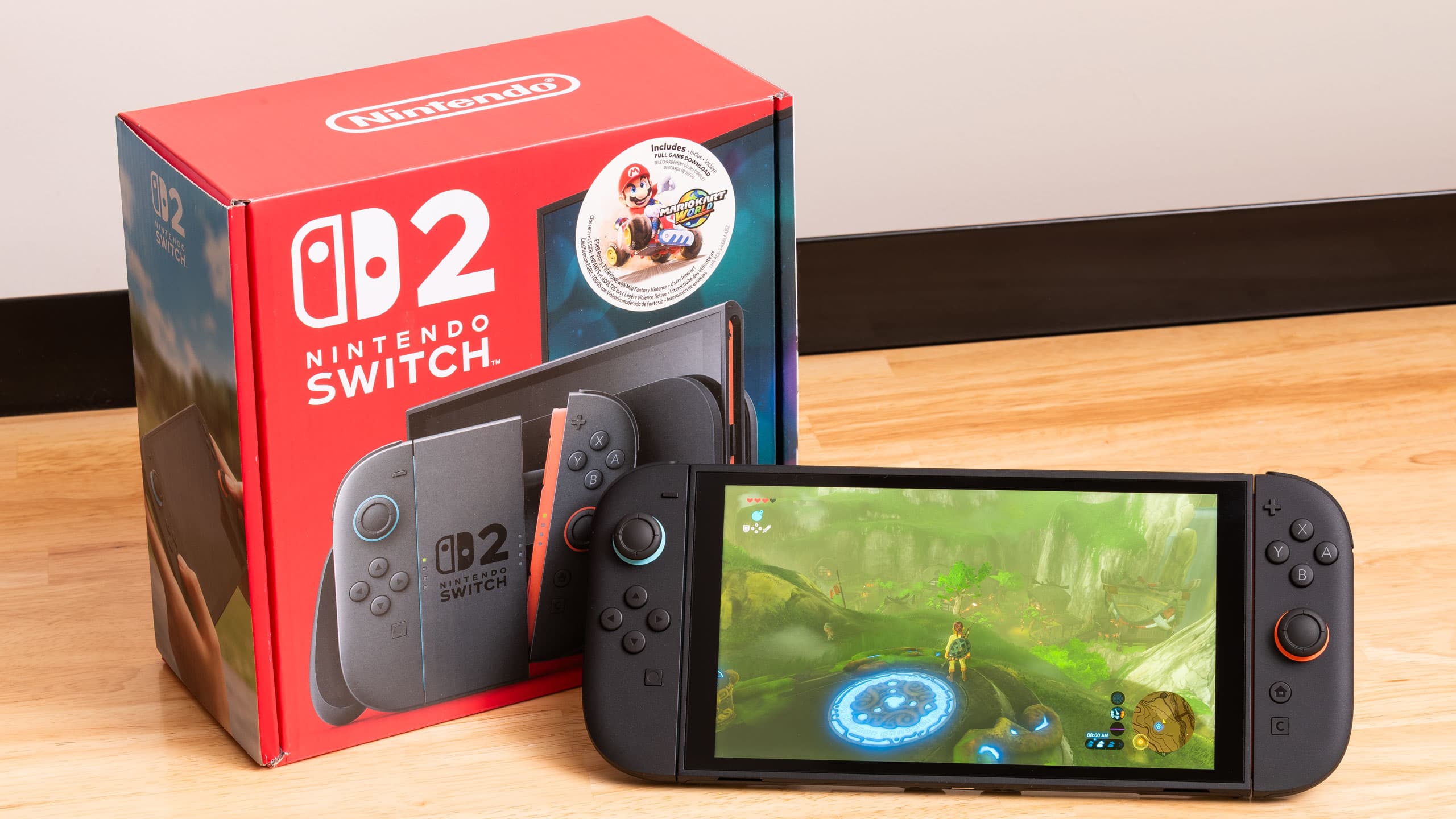 A Nintendo Switch 2 console next to its box