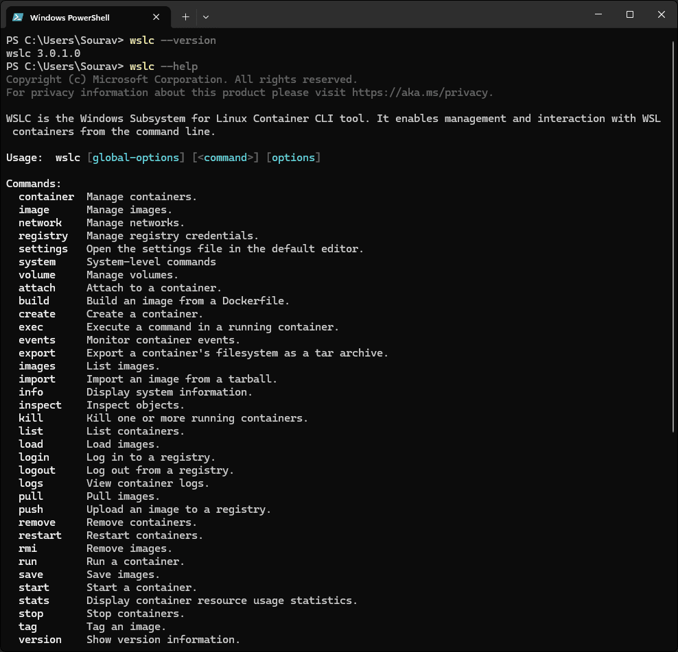 wslc --version and wslc --help command outputs