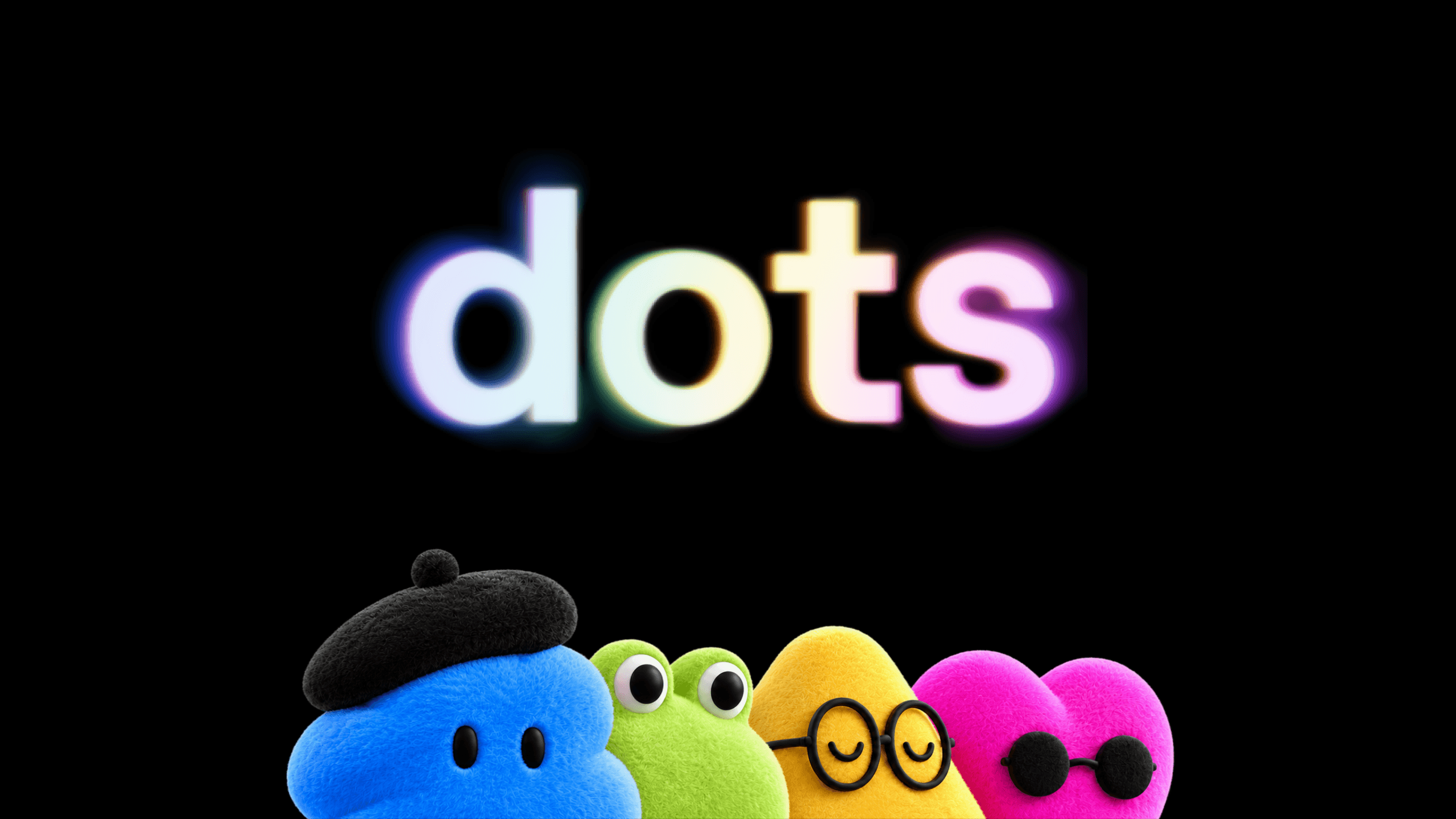 OpenAI's dots wordmark in glowing multicolor letters above four plush dot characters, on a black background