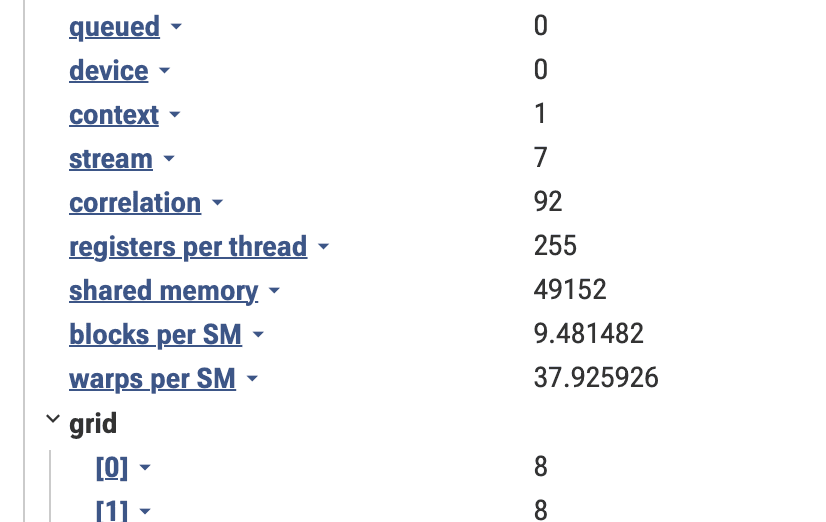 Resource footprint of the pytorch_flash kernel in Perfetto, showing a high per-thread register count and large shared memory usage per block