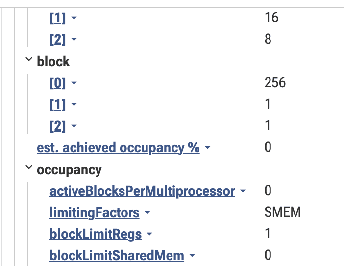 Perfetto footprint of the cuDNN kernel reporting 0% achieved occupancy, with 240 registers per thread and 256 threads per block