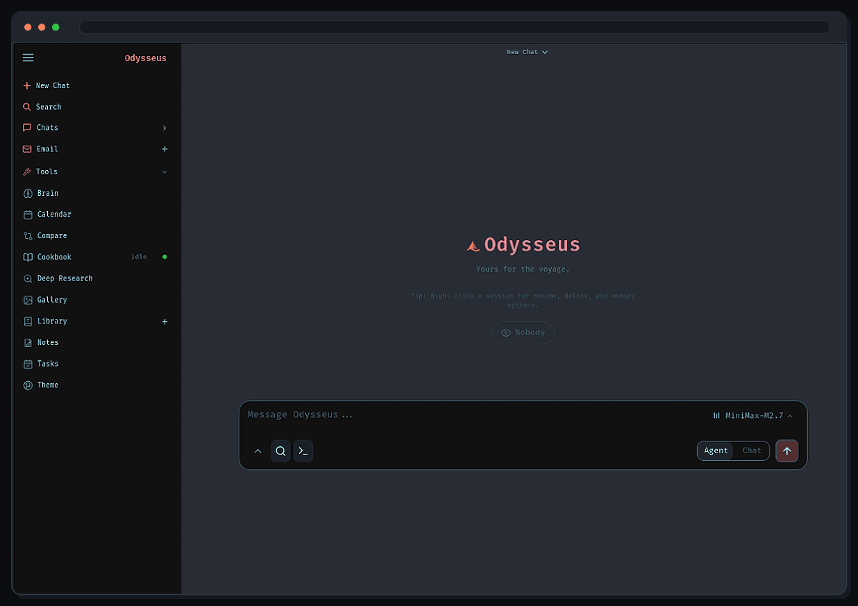 The Odysseus self-hosted AI workspace in a dark theme, with a sidebar of tools beside an empty chat box
