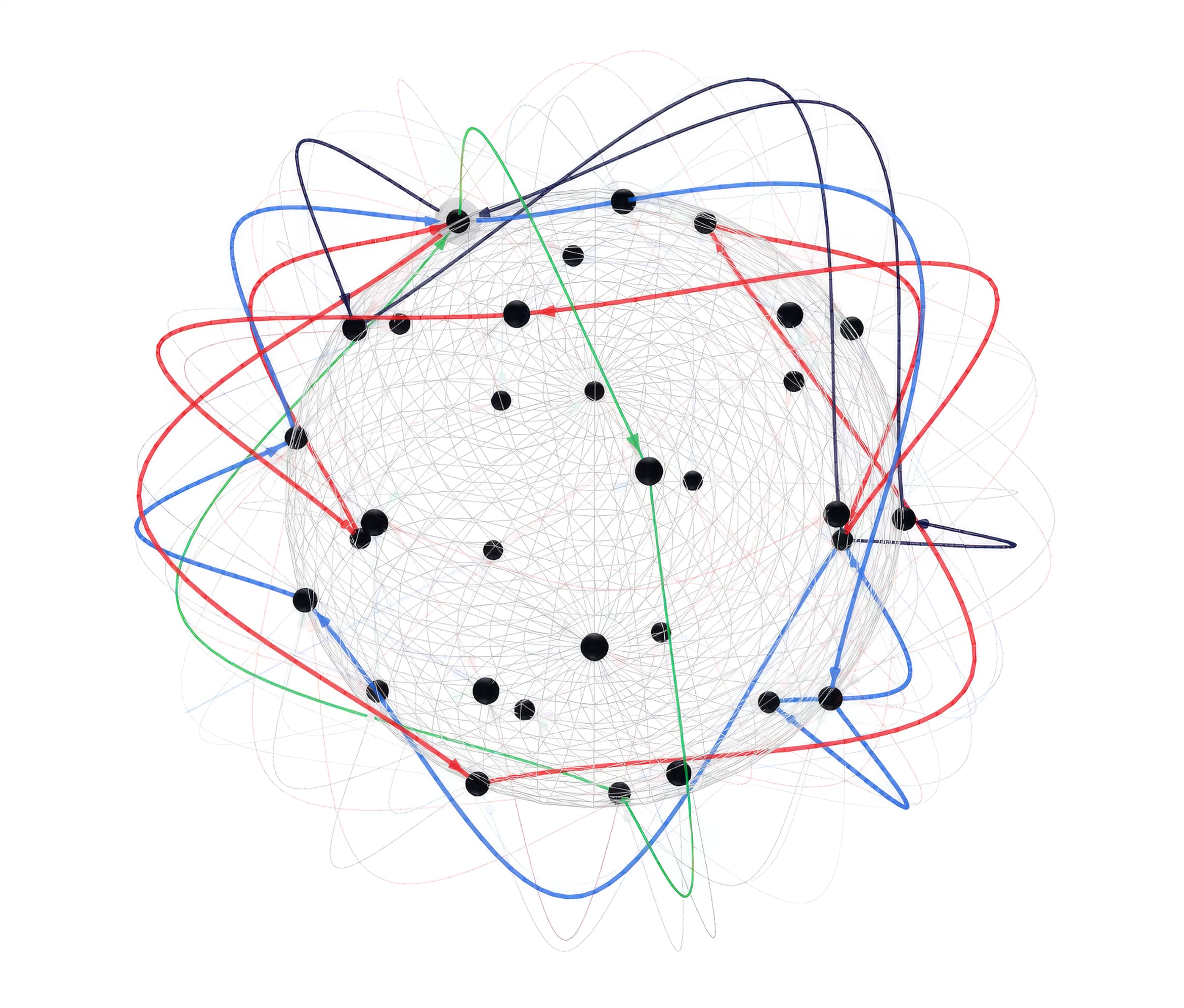 Network diagram of the Galois group action of SmallGroup(384, 20127), with one highlighted root and generator cycles traced in blue, red, green, and navy.