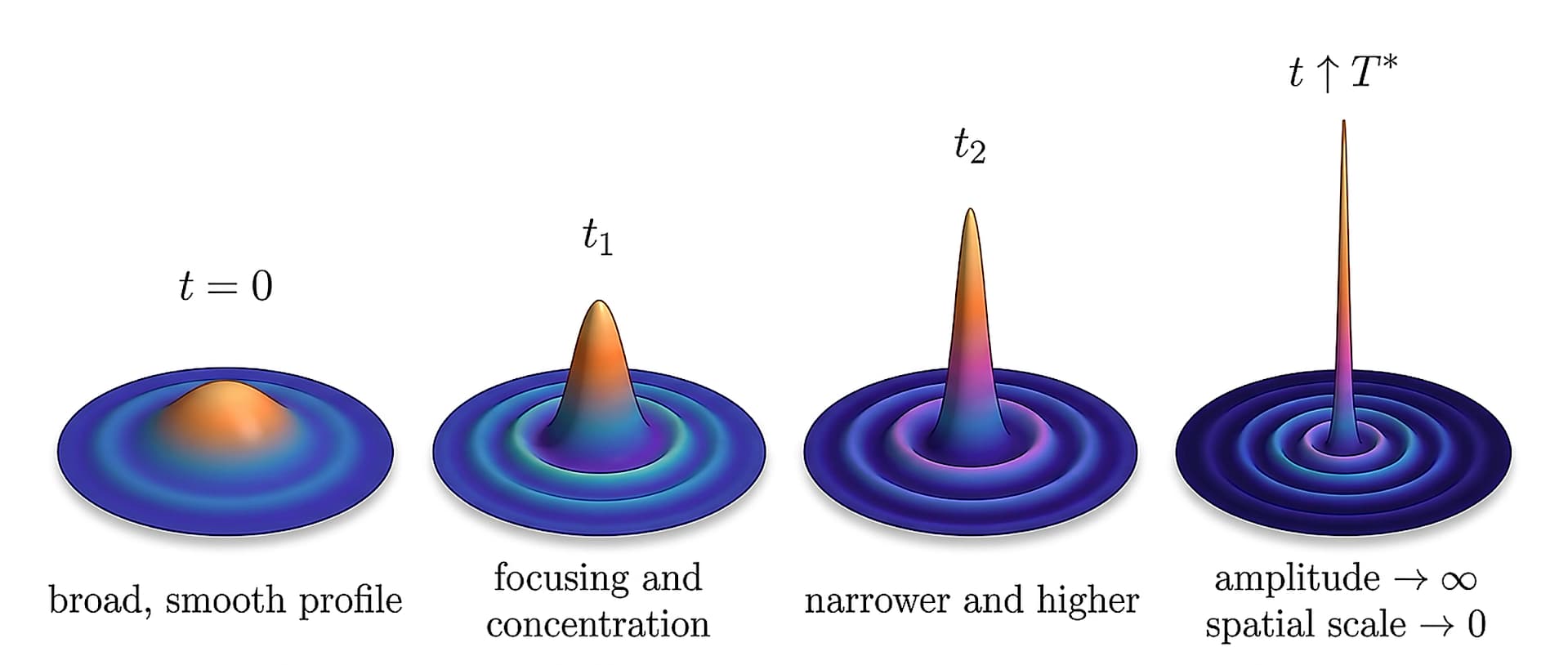 Four radial profiles become progressively narrower and taller as time approaches T star, illustrating finite-time blow-up.