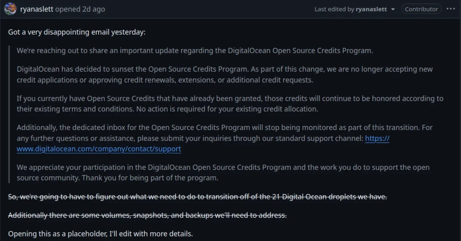 Digital Ocean ending its Open Source Credit Program