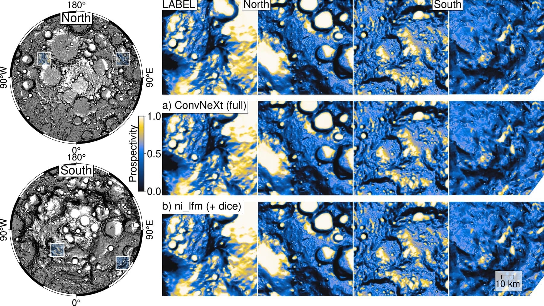 Two polar maps of the Moon with four highlighted regions on the left, and three rows of color-coded prospectivity maps from blue to yellow on the right, comparing reference data with predictions from a ConvNeXt model and the NASA-IBM model for ice probability at the lunar poles.