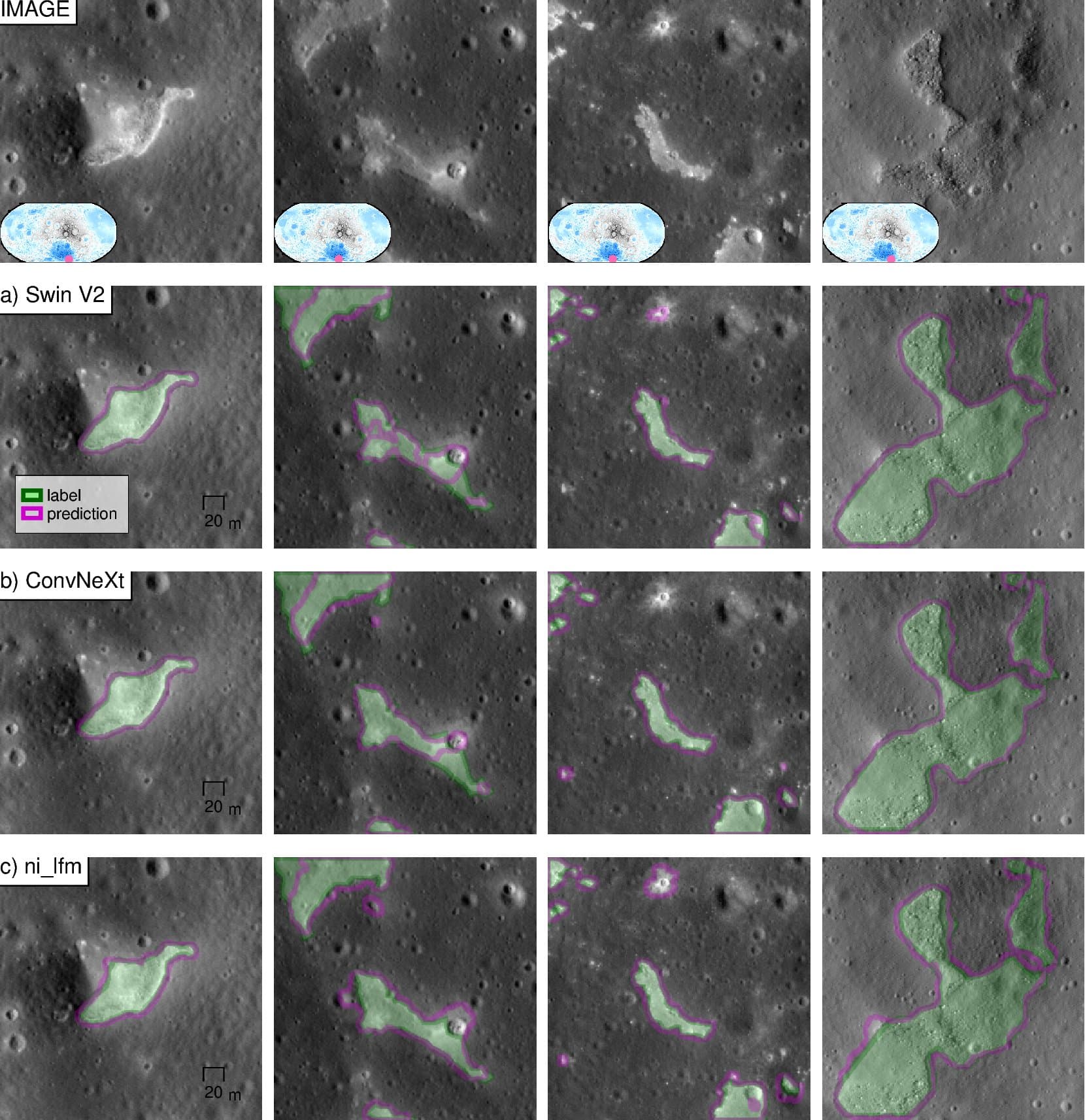 Grid of four NAC lunar surface images showing bright, irregularly shaped patches in the top row, with three rows below comparing segmentation results from Swin V2, ConvNeXt, and the NASA-IBM model, each showing green reference areas and purple prediction outlines.