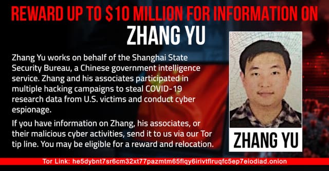 สหรัฐฯ ทุ่ม 10 ล้านดอลลาร์ ล่าตัว Zhang Yu แฮกเกอร์จีนคดี HAFNIUM
