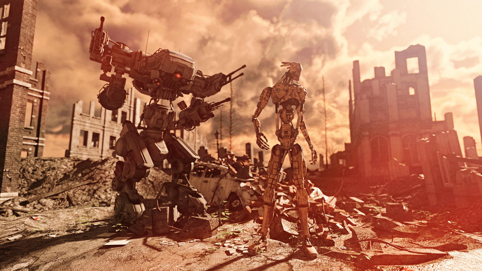 AI robots in a post-apocalyptic landscape
